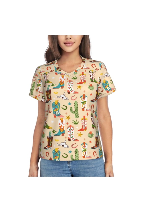 Groovy American Western Footwear Women Shirts V Neck Short Sleeve Tops T-Shirt Basic Tees, S to 3XLSmall
