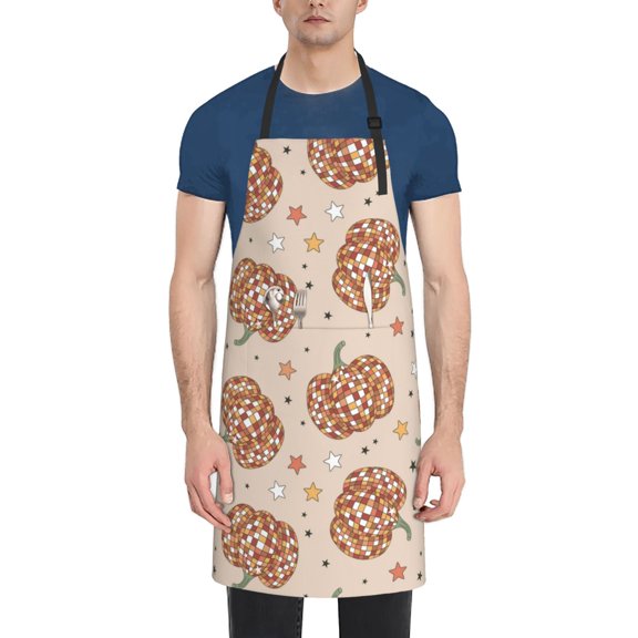 Vsdgher Groovy Disco Pumpkin Waterproof Apron with 2 Pockets Kitchen Chef Aprons Bibs for Grooming Cooking Baking Painting Gardening