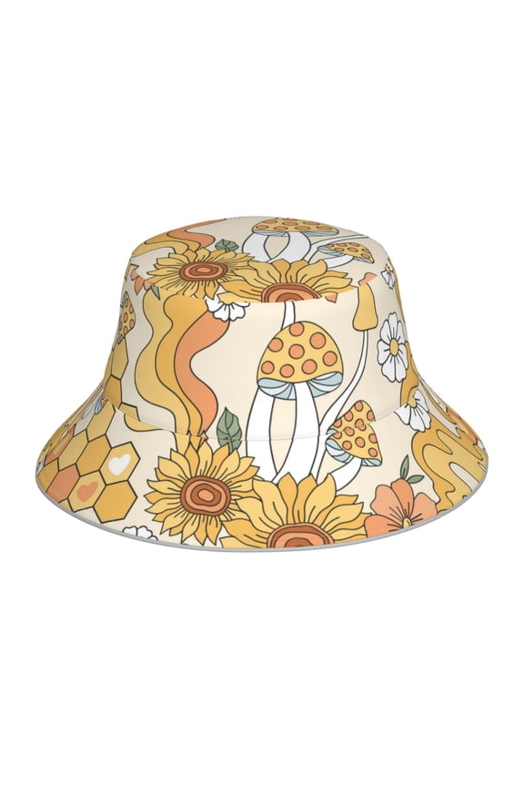 Groovy Hippie Flower Mushrooms Print Bucket Hat for Men&Women Bucket Hat Reversible Summer Double-Side-Wear Travel Gardening, Beach, Camping, Hiking, Fishing Cap