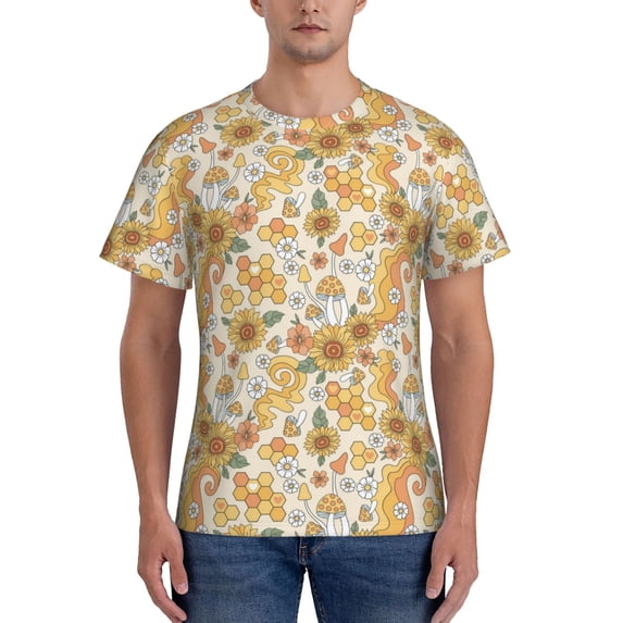 Vsdgher Groovy Hippie Flower Mushrooms Print Men's Dry Fit Mesh Athletic Shirts Moisture Wicking Tennis T-Shirt Tops