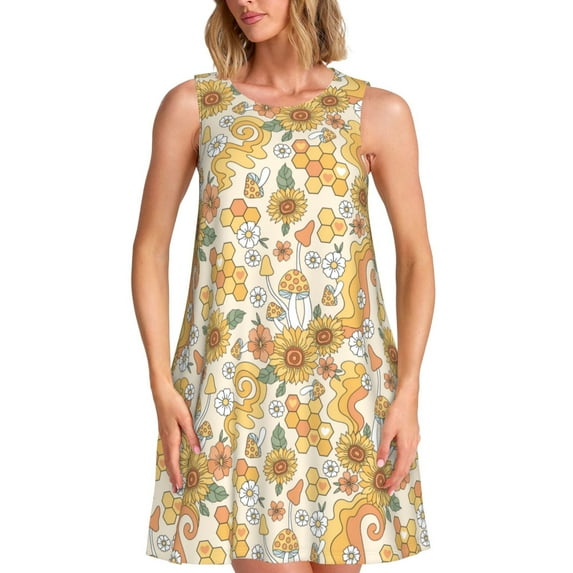 Vsdgher Groovy Hippie Flower Mushrooms Print Summer Dresses for Women Casual U Neck Beach Dress Sleeveless Tank Loose Sundress with Pocket -Large