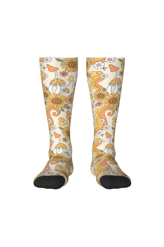 Groovy Hippie Flower Mushrooms Print Thigh High Socks Extra Long Stretchy Sock Women Over Knee High Opaque Stocking Daily Wear