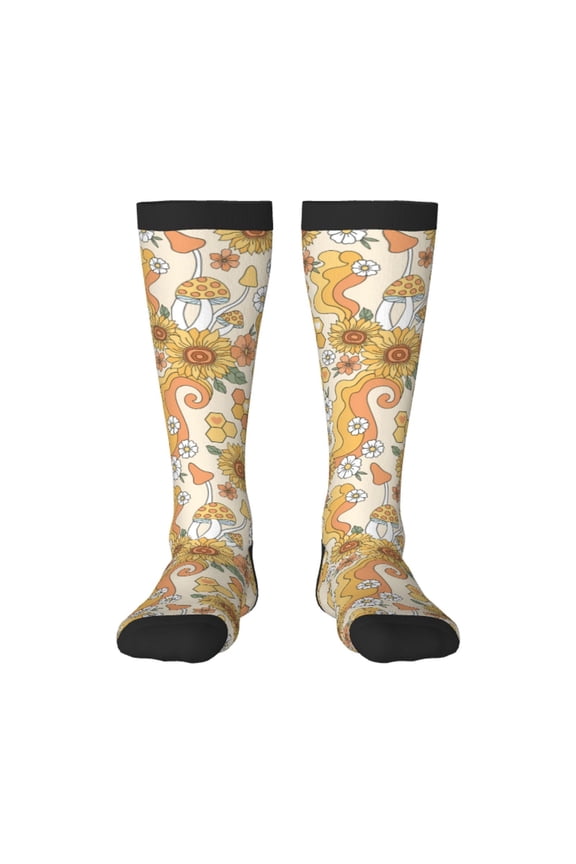Groovy Hippie Flower Mushrooms Print Thigh High Socks Extra Long Stretchy Sock Women Over Knee High Opaque Stocking Daily Wear
