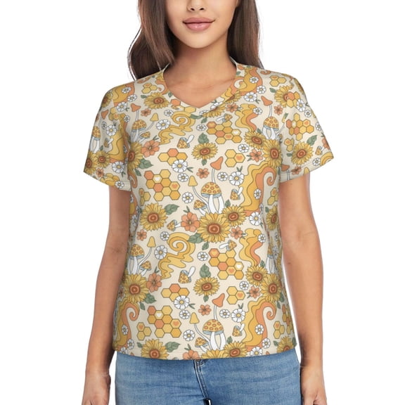 Vsdgher Groovy Hippie Flower Mushrooms Women Shirts V Neck Short Sleeve Tops T-Shirt Basic Tees, S to 3XLSmall