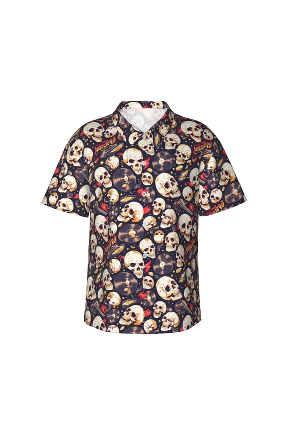 Guitar Skull record Print Men's Hawaiian Shirts Button Down Tropical Holiday Beach Shirts Vacation Clothes,Medium
