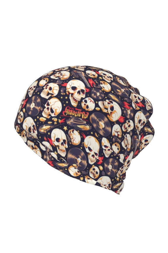 Guitar Skull record Slouchy Beanie Hat for Men/Women, Skull Cap Chemo Cap Night Sleeping Cap