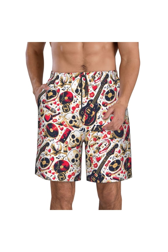 Guitar Skull rock Men's Beach Shorts, Surfing shorts, Swim trunks, Quick Dry Swim Trunks for Surfing Beach Fun -Large