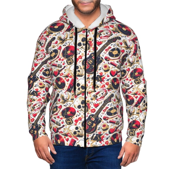 Vsdgher Guitar Skull rock Mens Hoodies Zip Hoodie, Hoodies for Men, Zip-up Hooded Sweatshirt-XX-Large