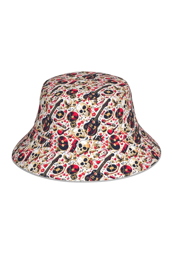 Guitar Skull rock Print Bucket Hat for Men&Women Bucket Hat Reversible Summer Double-Side-Wear Travel Gardening, Beach, Camping, Hiking, Fishing Cap