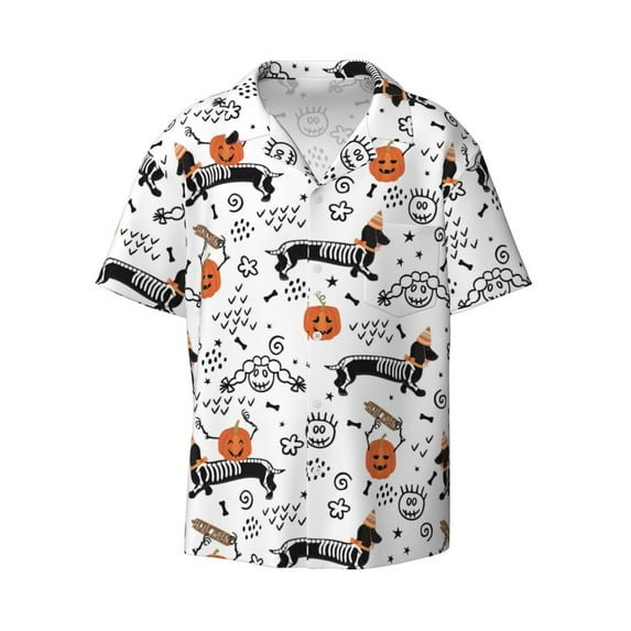 Vsdgher Halloween Dachshund Print Men's Wrinkle Free Untucked Cuban Shirt Business Casual Button Down Shirts Short Sleeve Shirt