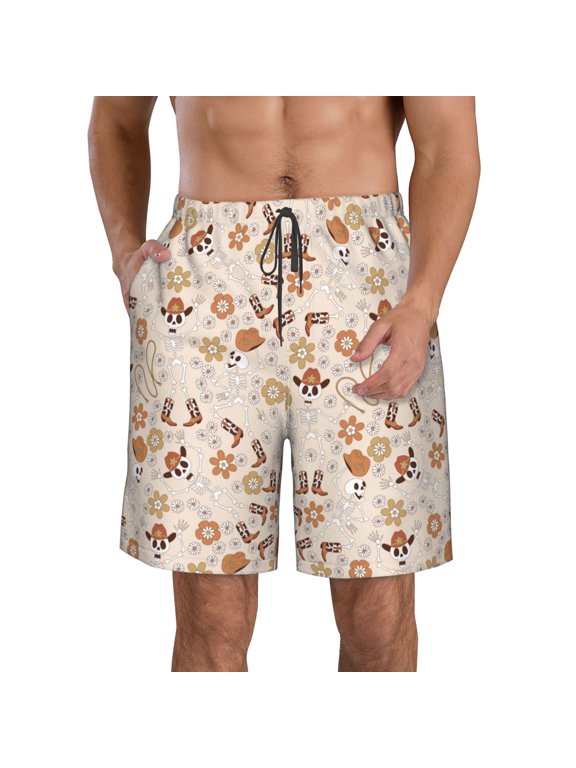 Halloween Dancing Cowboy Skeleton Men's Beach Shorts, Surfing shorts, Swim trunks, Quick Dry Swim Trunks for Surfing Beach Fun -X-Large