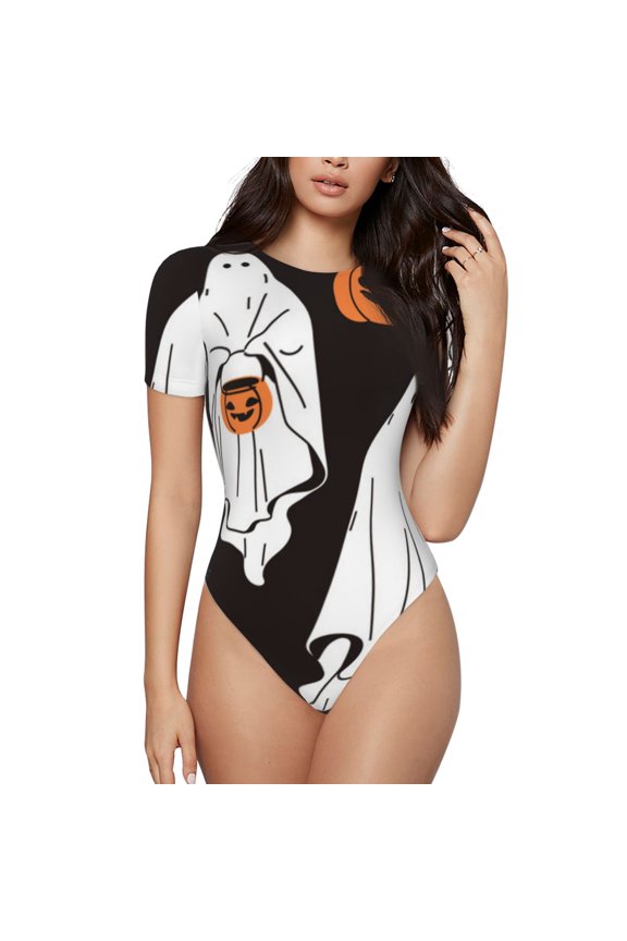 Halloween Ghosts And Pumpkins Prinr Short Sleeve Body suit for Womens, Sexy Onesie One Piece Round Neck Bodysuit Shapewear Tummy Control-Large