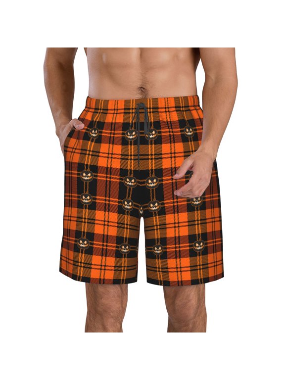 Halloween Tartan Plaid Men's Beach Shorts, Surfing shorts, Swim trunks, Quick Dry Swim Trunks for Surfing Beach Fun -Small