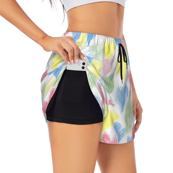 Vsdgher Hand Drawn Colored Hearts Print Women's Running Double Layer Shorts High Waisted with Pockets Elastic Yoga Workout Athletic Gym Sports