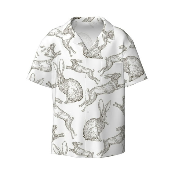 Vsdgher Hand Drawn Rabbit Print Men's Wrinkle Free Untucked Cuban Shirt Business Casual Button Down Shirts Short Sleeve Shirt