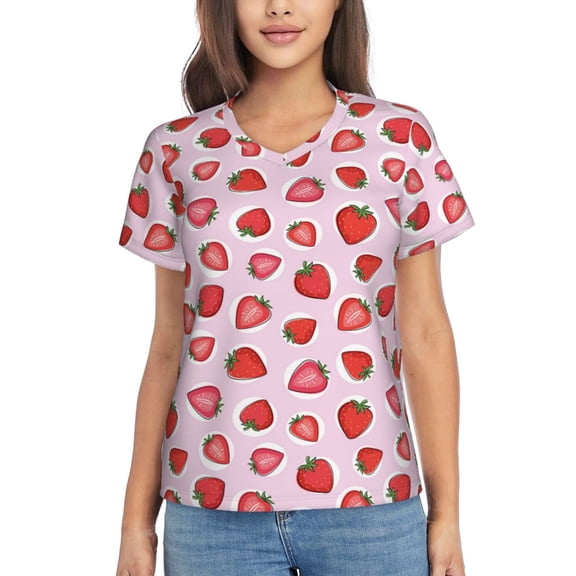 Vsdgher Hand Drawn Strawberry Women Shirts V Neck Short Sleeve Tops T-Shirt Basic Tees, S to 3XLSmall