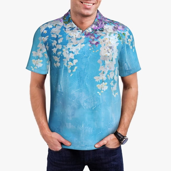 Vsdgher Hanging Orchids Floral Blue Polo Shirts for Men, Men's Short Sleeve Stretch Polo Shirt, Shirts for Men-Large