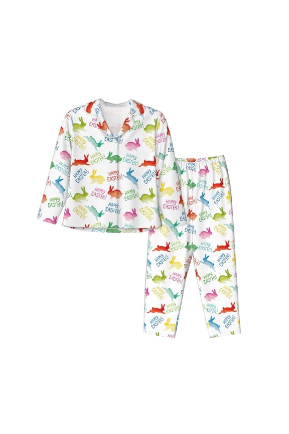 Happy Easter Rabbit Pajamas Set Long Sleeve Sleepwear Womens Button Down Nightwear Pj Sets-Small