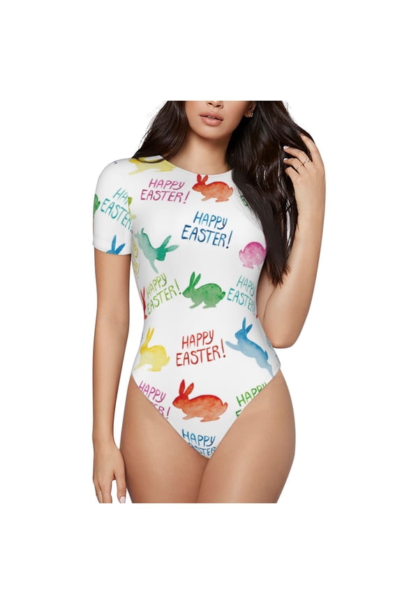 Happy Easter Rabbit Prinr Short Sleeve Body suit for Womens, Sexy Onesie One Piece Round Neck Bodysuit Shapewear Tummy Control-X-Large