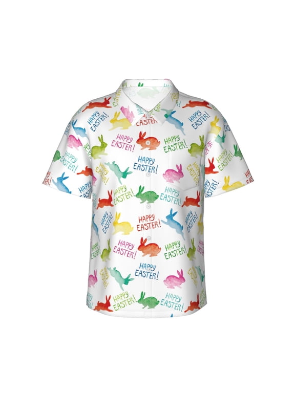 Happy Easter Rabbit Print Men's Hawaiian Shirts Button Down Tropical Holiday Beach Shirts Vacation Clothes,Small
