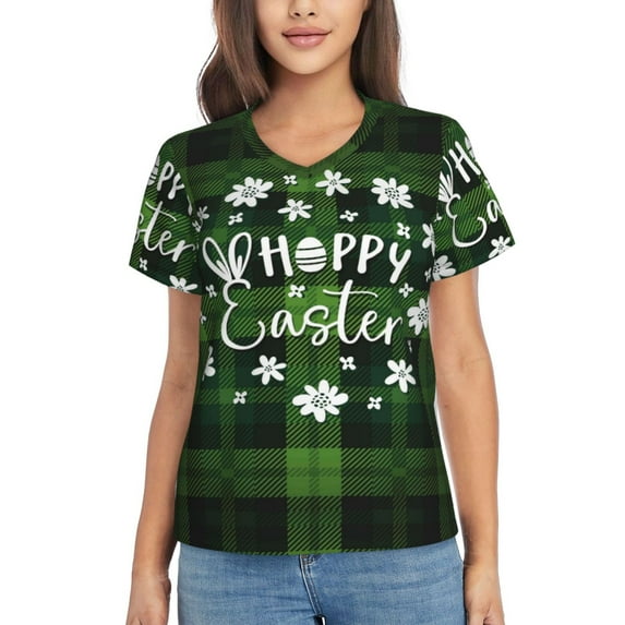 Vsdgher Happy Easter Women Shirts V Neck Short Sleeve Tops T-Shirt Basic Tees, S to 3XLSmall