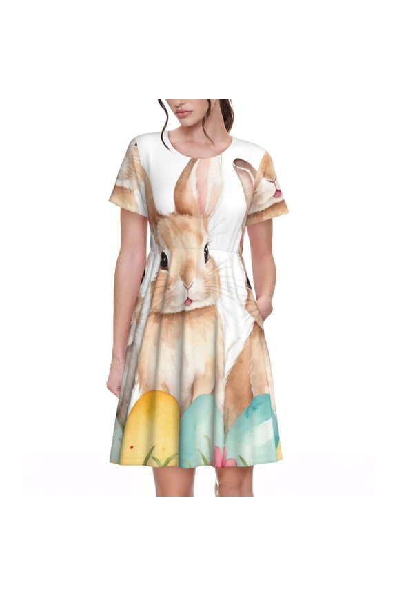 Happy Easter for Womens Summer 2025 Casual Midi Maxi Dresses Lightweight Short Sleeve Round Neck Beach Dress -XX-Large