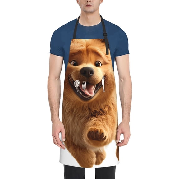 Vsdgher Happy Fluffy Running Dog Waterproof Apron with 2 Pockets Kitchen Chef Aprons Bibs for Grooming Cooking Baking Painting Gardening