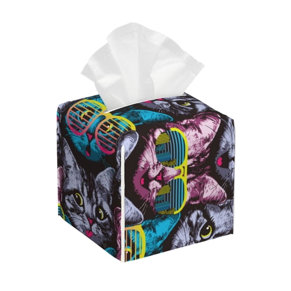 Vsdgher Happy Kitten Faces Pattern Tissue Box Cover Holder, Square with Bottom Belt by Leather Decorative Organizer for Tabletop, Bathroom, Car, Office