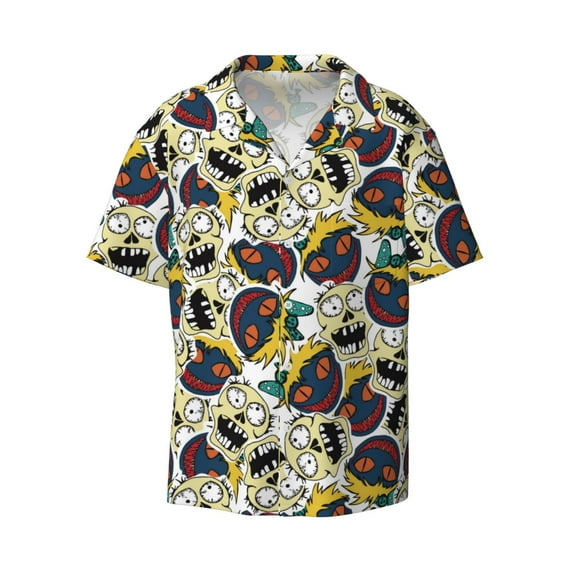 Vsdgher Happy Skeleton Print Men's Wrinkle Free Untucked Cuban Shirt Business Casual Button Down Shirts Short Sleeve Shirt