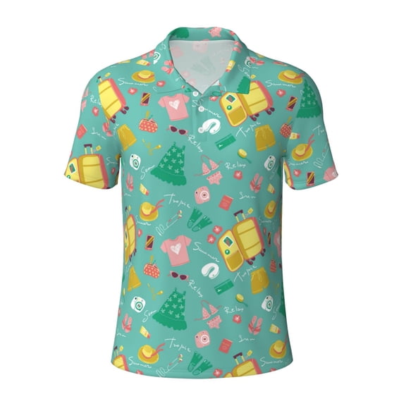 Vsdgher Happy Summer Print Men's Short Sleeve Stretch Polo Shirt, Moisture-Wicking Performance Polo Shirt