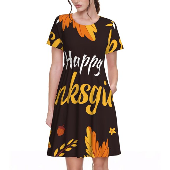 Vsdgher Happy Thanksgiving 1 for Womens Summer 2025 Casual Midi Maxi Dresses Lightweight Short Sleeve Round Neck Beach Dress -Medium
