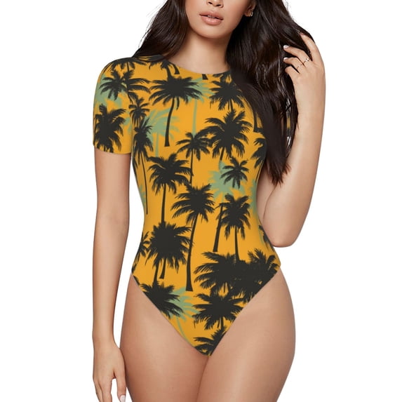 Vsdgher Hawaii Palms Prinr Short Sleeve Body suit for Womens, Sexy Onesie One Piece Round Neck Bodysuit Shapewear Tummy Control-Medium