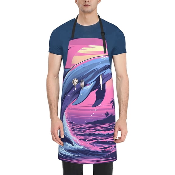Vsdgher Hawaiian Beach Dolphin Waterproof Apron with 2 Pockets Kitchen Chef Aprons Bibs for Grooming Cooking Baking Painting Gardening