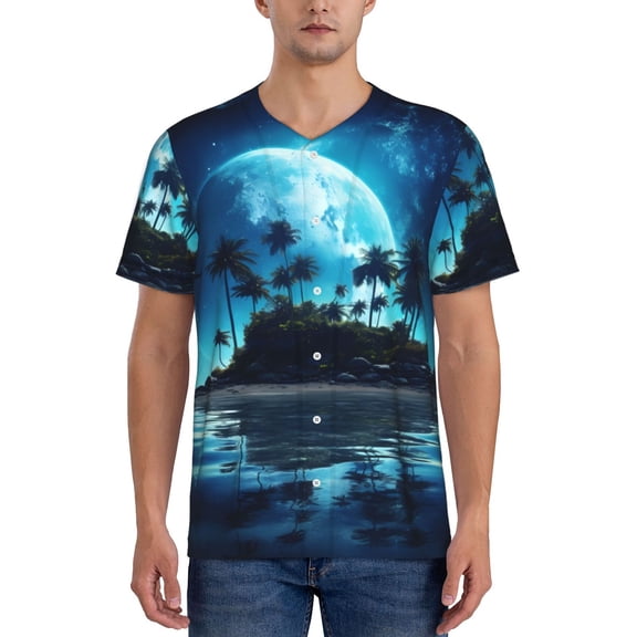 Vsdgher Hawaiian Beach Pirate Moon Mens T-Shirts Baseball Vintage Fashionable Lightweight Casual Crew Neck Slim Fit with Long Sleeves-XX-Large