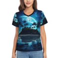 thumbnail image 1 of Vsdgher Hawaiian Beach Pirate Moon Women Shirts V Neck Short Sleeve Tops T-Shirt Basic Tees, S to 3XLLarge, 1 of 5
