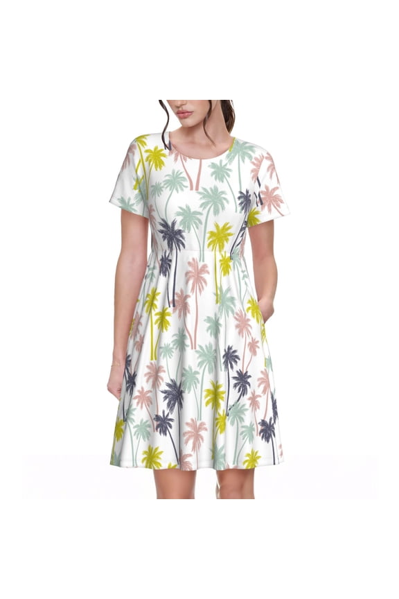 Hawaiian Coconut Tree for Womens Summer 2025 Casual Midi Maxi Dresses Lightweight Short Sleeve Round Neck Beach Dress -X-Large