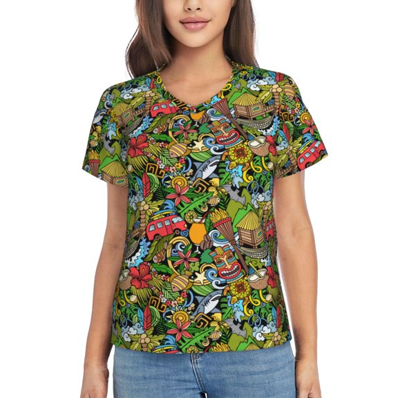 Vsdgher Hawaiian Culture Symbols 1 Women Shirts V Neck Short Sleeve Tops T-Shirt Basic Tees, S to 3XLMedium