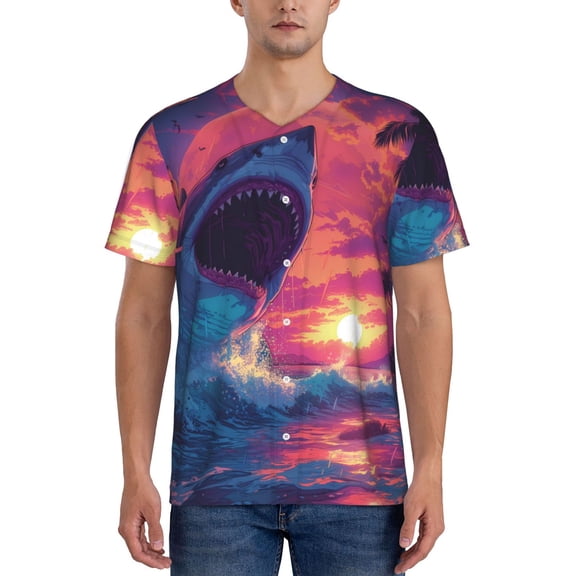 Vsdgher Hawaiian Island Beach Shark Mens T-Shirts Baseball Vintage Fashionable Lightweight Casual Crew Neck Slim Fit with Long Sleeves-Large