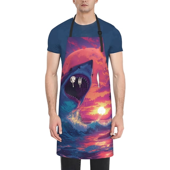 Vsdgher Hawaiian Island Beach Shark Waterproof Apron with 2 Pockets Kitchen Chef Aprons Bibs for Grooming Cooking Baking Painting Gardening