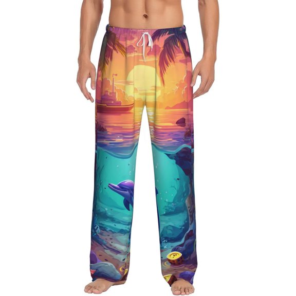 Vsdgher Hawaiian Island Dolphin Print Mens Pajama Pants Sleep & Lounge Pants, PJ Bottoms With elastic waistb and Pockets