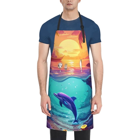 Vsdgher Hawaiian Island Dolphin Waterproof Apron with 2 Pockets Kitchen Chef Aprons Bibs for Grooming Cooking Baking Painting Gardening