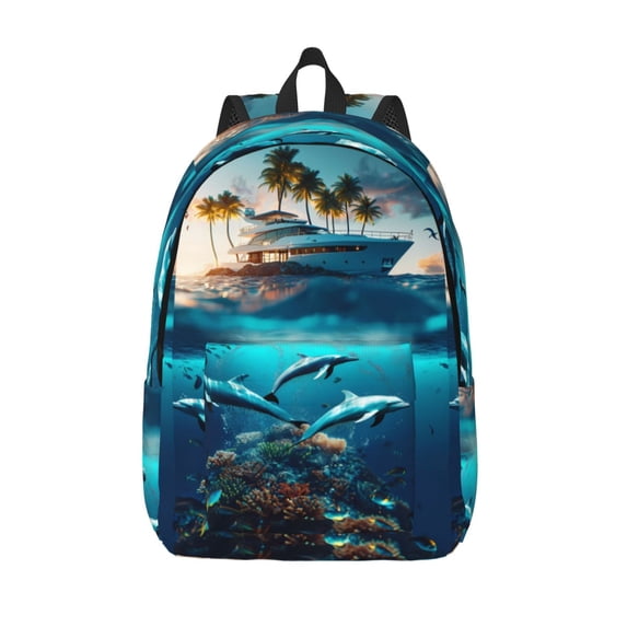 Vsdgher Hawaiian Ship Dolphin Print Canvas Backpack Travel Rucksack Unisex Knapsack 15.7/17.7Inch Laptop Backpack for Work,College -Small