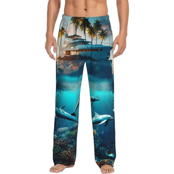 Vsdgher Hawaiian Ship Dolphin Print Mens Pajama Pants Sleep & Lounge Pants, PJ Bottoms With elastic waistb and Pockets