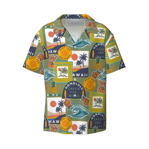 Vsdgher Hawaiian Style Print Men's Wrinkle Free Untucked Cuban Shirt Business Casual Button Down Shirts Short Sleeve Shirt