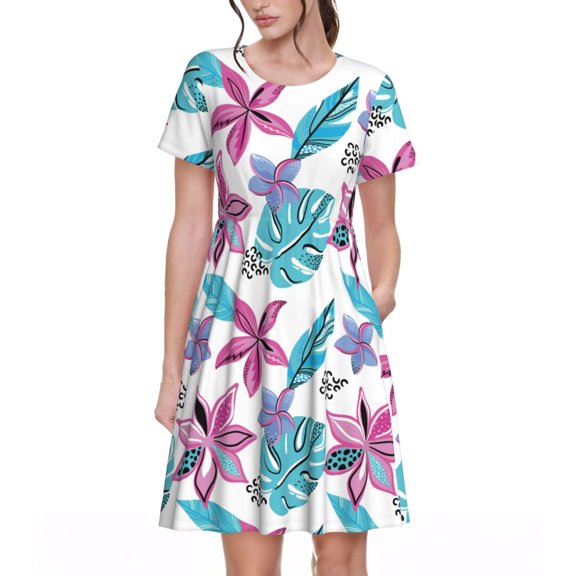 Vsdgher Hawaiian Style for Womens Summer 2025 Casual Midi Maxi Dresses Lightweight Short Sleeve Round Neck Beach Dress -3X-Large