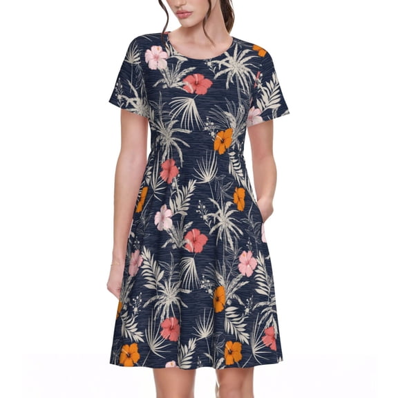 Vsdgher Hawaiian Style for Womens Summer 2025 Casual Midi Maxi Dresses Lightweight Short Sleeve Round Neck Beach Dress -X-Large