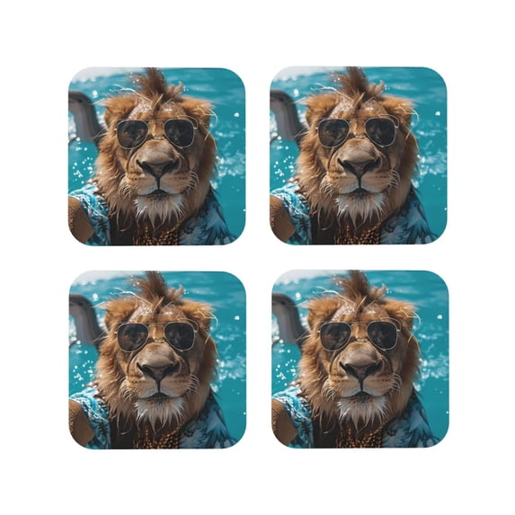 Vsdgher Hawaiian Swimming Lion Leather Coasters for Drinks, Durable Drink Coasters 4 Set for Tabletop Protection, Luxurious Home Décor and Housewarming Gift ( {designName})Square