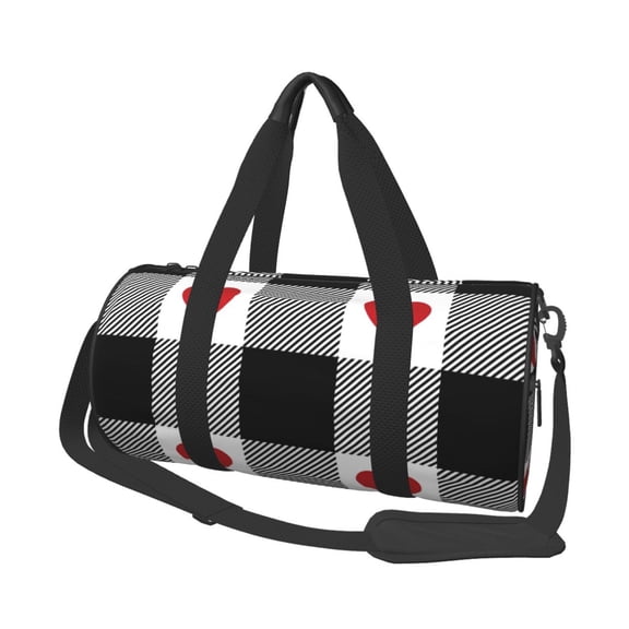Vsdgher Heart Black Buffalo Plaid Gingham 45L Foldable Duffel Bag, Sports Gym Bag,Overnight Bag, Portable Weekender Bag for Airplanes