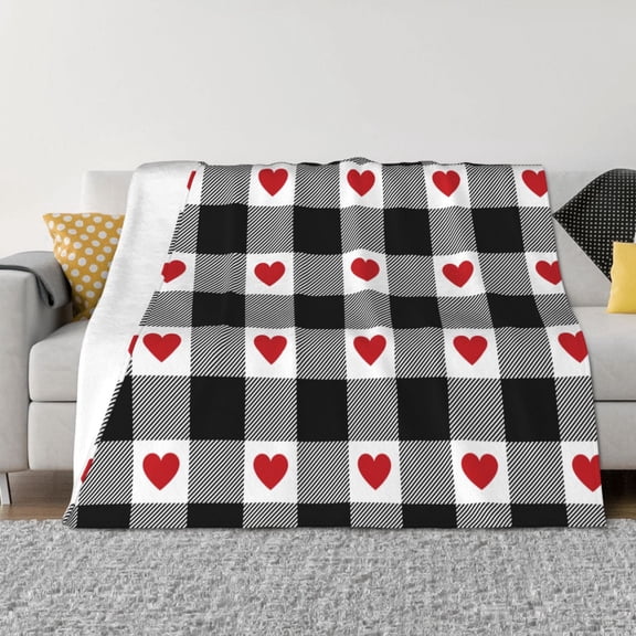 Vsdgher Heart Black Buffalo Plaid Gingham Pattern Fleece Throw Blanket, Horizontal Fleece Bedding Home Decor for Couch & Bed All Season Use -80"x60"