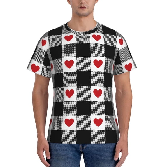 Vsdgher Heart Black Buffalo Plaid Gingham Print Men's Dry Fit Mesh Athletic Shirts Moisture Wicking Tennis T-Shirt Tops